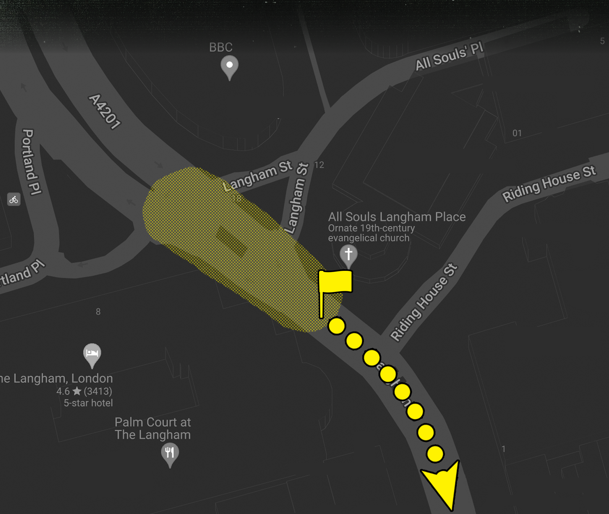 This map shows the meeting point for London Trans+ Pride 2024. The map is in black and white, with yellow highlighting important locations and route.  The accessibility meeting point for the start of the march is marked with a yellow flag and is located in front of the All Souls Langham Place church. The assembly point for the rest of the march is marked with a transparent yellow, throughout Langham Place towards the BBC. The map shows the direction of the march with yellow dots, heading south from Langham Place, down Regents St.