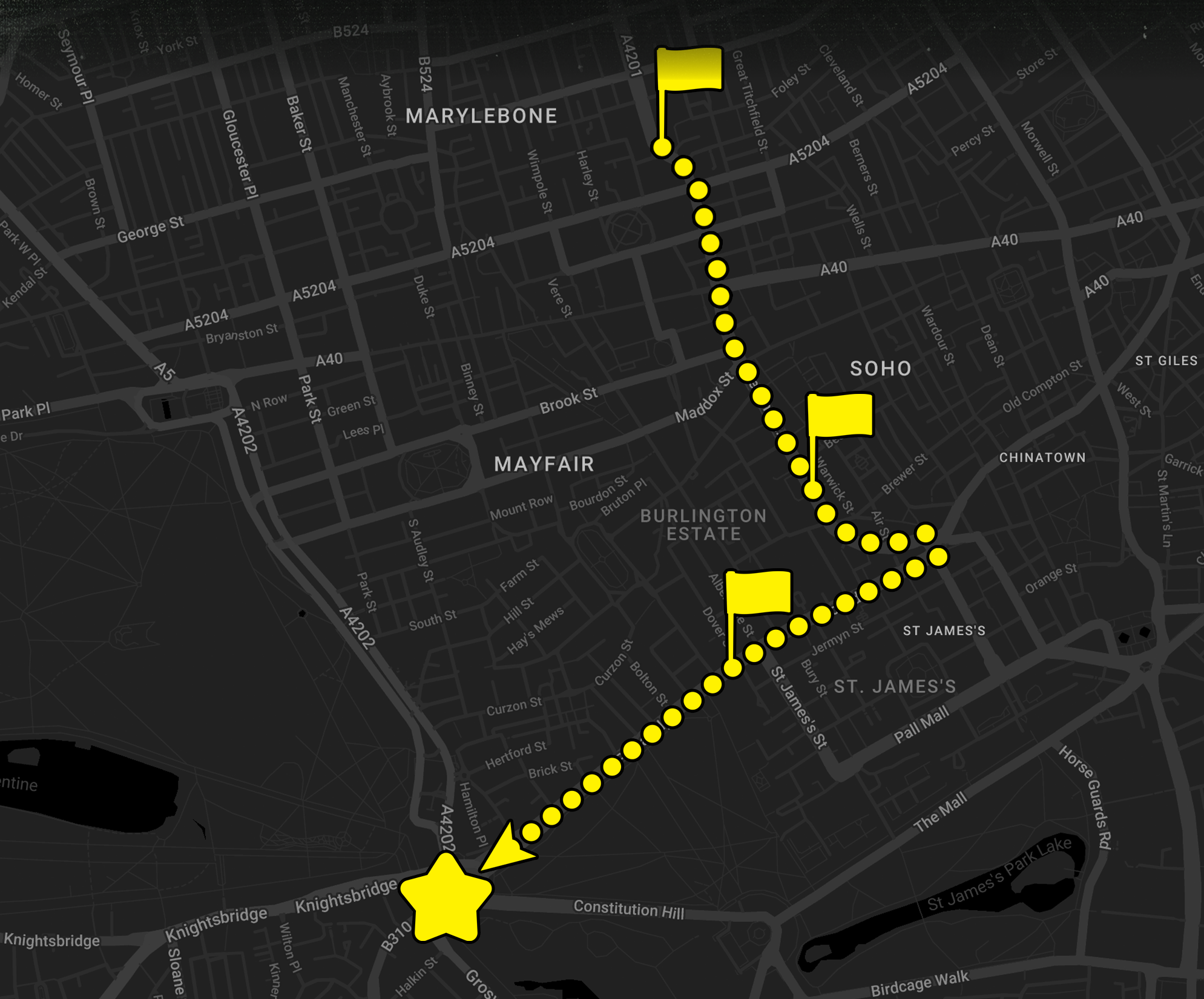 This map shows the full route of the march. The map is in black and white, with yellow dots highlighting the route, stop-off points, and WC locations. There are three yellow flags marking the start of the march at Langham Place and stop-off points, and a yellow star marking the end of the march at Wellington Arch. From Langham Place, the march will lead down Regents St, with the first stop-off point in front of Burberry. This stop is outdoor, stepped, adjacent to an underground station, and there will be improvised seating available. The march will then turn onto Piccadilly and continue straight to the second stop off point at the Statue of Diana at Green Park. This stop-off point is outdoors in a green space, and there are benches and improvised sitting space is available. It is also adjacent to a small park cafe and across the street from a Tesco and an M&S. Next, the march will continue on Picadilly, all the way to Wellington Arch.